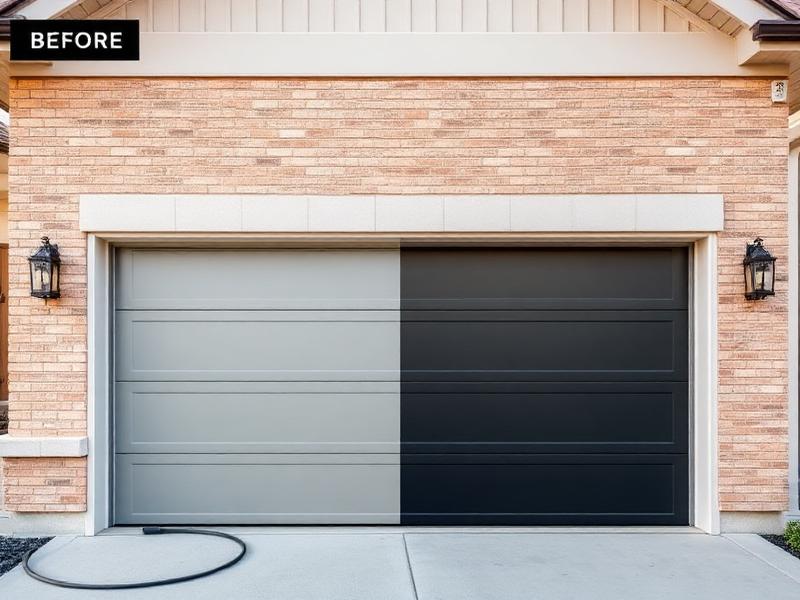 Modern flush panel garage door installation before and after in Shirley MA